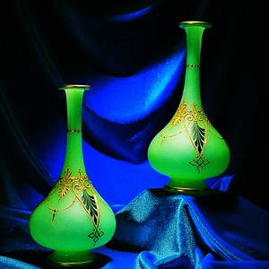 Pair of Green Opaline Glass Vases with Gold and Green DecorationBaccarat image 1