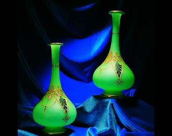 Pair of Green Opaline Glass Vases with Gold and Green Decoration--Baccarat?