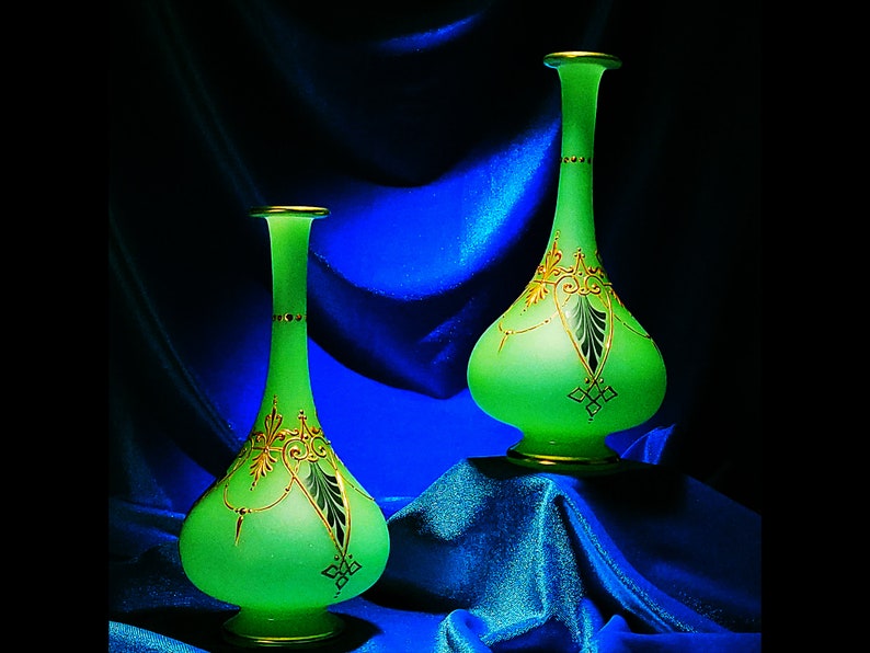 Pair of Green Opaline Glass Vases with Gold and Green DecorationBaccarat image 1