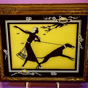 Art Deco Silhouette of Woman Walking Dog on Mirrored Jewelry Box