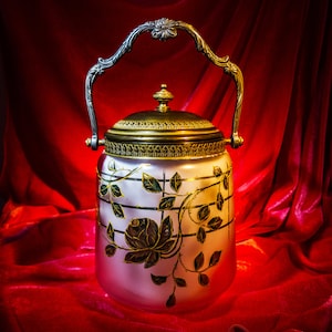 Frosted Glass Biscuit Jar, Art Nouveau, with Brass Lid--Legras?