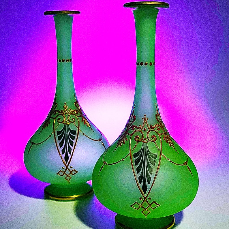 Pair of Green Opaline Glass Vases with Gold and Green DecorationBaccarat image 2