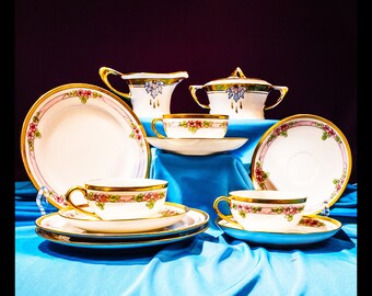 Japanese Tea Set with Violets, Married with American-made Sugar, Creamer--Tea for Three