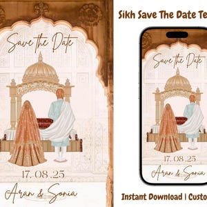 Plantilla editable de invitación de boda india, invitaciones de Anand Karaj, invitaciones punjabi, tarjeta de boda punjabi, invitación sij, reserva la fecha