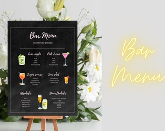 Bar Menu, Signature Drinks Sign, Chalkboard Signature Cocktails Template, Greenery