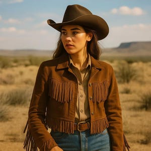 May include: A woman wearing a brown suede fringe jacket, a button-down shirt, blue jeans, a brown belt, and a brown cowboy hat. The jacket has fringe detailing across the chest and sleeves. The background is a desert landscape.
