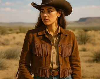 Women’s Western Fringe Jacket Cropped Brown Leather Cowgirl Coat Rodeo-Inspired Boho Festival Outfit with Snap Closure Brown Vintage Jackets