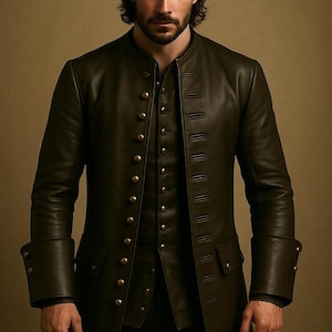 Men’s Long Medieval Steampunk Trench Vintage Military Gothic Coat with Brass Buttons, Men&#39;s Historical Outerwear Renaissance Cosplay Outfit