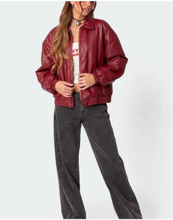90s Vintage Oversized Red Leather Bomber Jacket for Women Relax