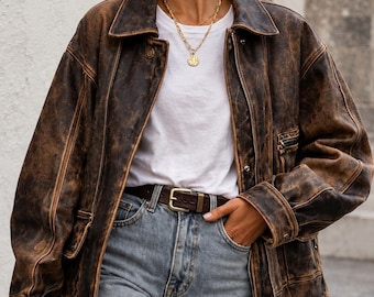 Chaqueta de cuero desgastado de gran tamaño de los años 90 para mujer, hecha a mano, de piel de oveja auténtica, estilo bomber, estilo vintage informal, ropa de calle.