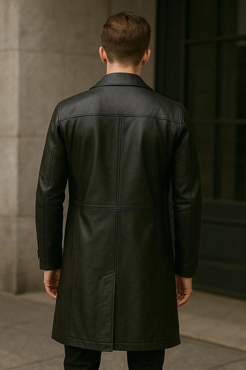 Men's Long Black Leather Trench Coat Genuine Sheep Button-up