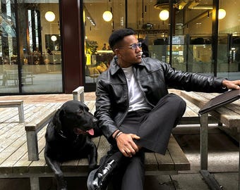 Y2K Vintage Men's Leather Jacket, Handmade Real Sheepskin Coat XS