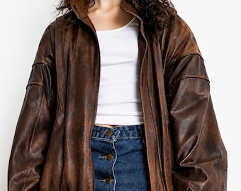 Womens vintage brown lambskin leather bomber jacket oversized 90s style genuine leather coat distressed streetwear retro girl fall outerwear