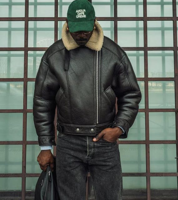 Custom Black Leather Bomber Jacket for Mens Handcrafted Shearling Fur  Collar Coats Zipper Closure Personalized Jackets for Motorcycle Lovers