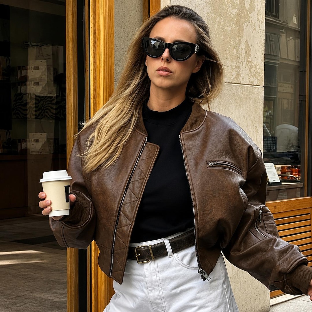 Women's Handmade Vintage 90s Brown Leather Bomber Jacket Crop Fit