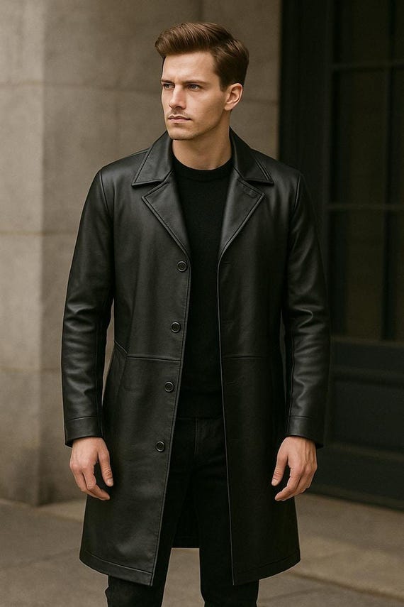 Men's Long Black Leather Trench Coat Genuine Sheep Button-up