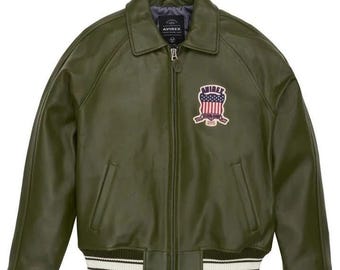 Grön Varsity-läderjacka för män, Hollywood-film Original fårskinnsbomberjacka i Avirex-stil Vintage Moto USA-patch