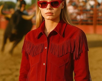 Rode suède damesjas met franje western cowgirl bijgesneden rodeostijl drukknoopjack echt suède festivaloutfit rode jassen meisjes