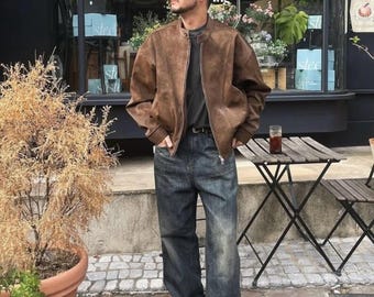 Gents Oversized Brown Leather Jacket Pure Sheep Leather Distressed 50s Casual Streetwear Loose Fitted Coats for Men's Brown Retro Jackets