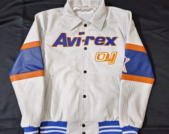 Mens Avirex Style Leather Varsity Jacket White Sheep Leather Bomber New York Embroidered Retro Coat Custom USA Patch Streetwear Gift for Him