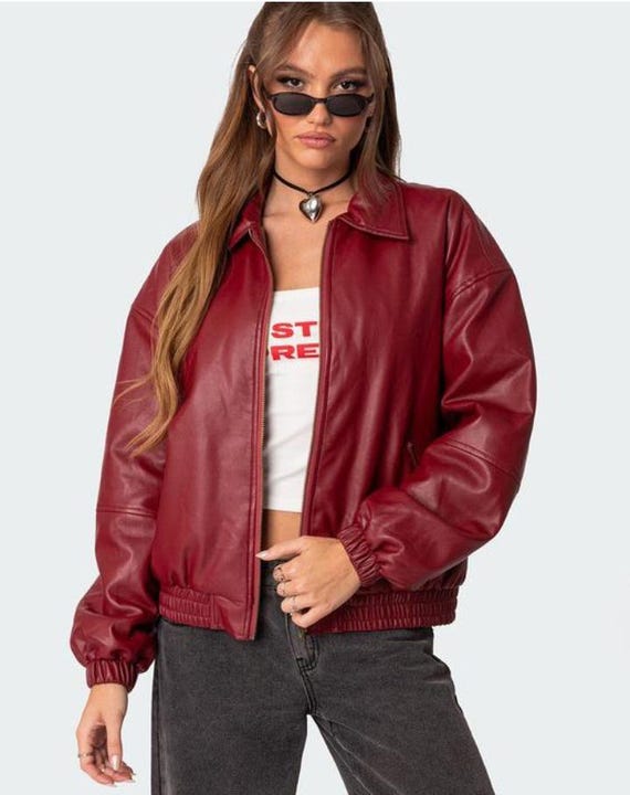 90s Vintage Oversized Red Leather Bomber Jacket for Women Relax