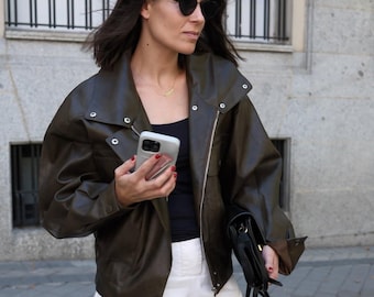 Vintage geïnspireerde oversized leren jassen voor vrouwen trendy streetstyle echte schapenbruine leren jas jaren 80 old school bovenkleding voor dames