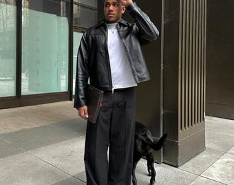 Y2K Vintage Men's Leather Jacket, Handmade Real Sheepskin Coat XS