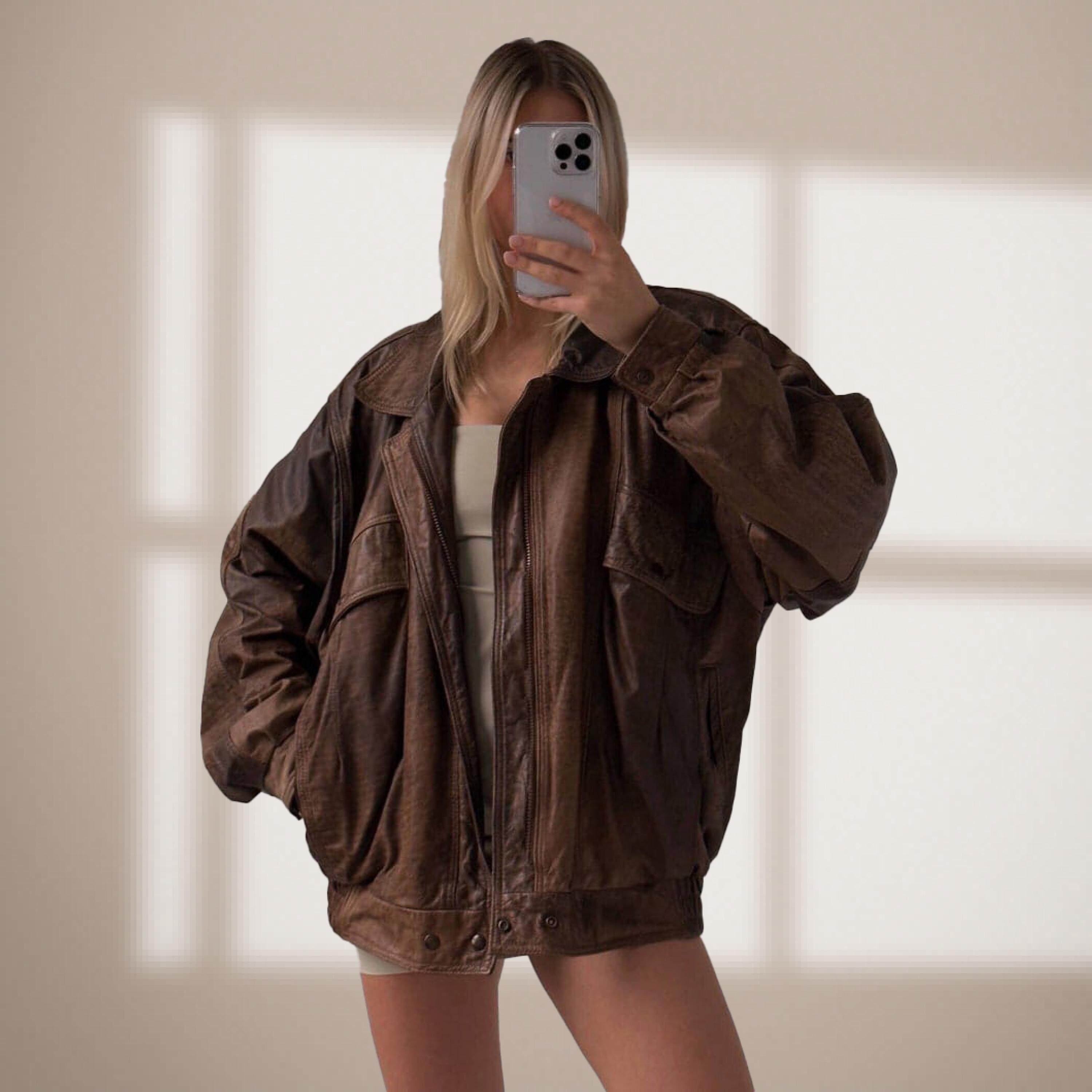 Brown leather oversized jacket Clearance