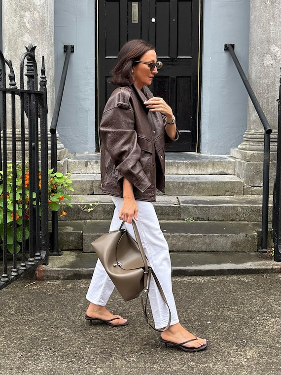 Women's Vintage Brown Oversized Leather Jacket Retro Streetwear Outerwear Relaxed Fit Fall Winter Coat, 90s Inspired Casual Modern Fashion