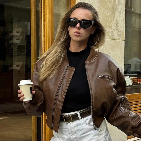 90s short real leather bomber jacket Women\u0027s Handmade Vintage 90s Brown Leather Bomber Jacket Crop Fit