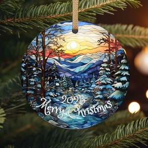 Stained Glass Imitation, Beautiful Scenic Winter Mountains, Image on Ceramic Christmas Ornament 2024, Keepsake Christmas Gift, Traditional,