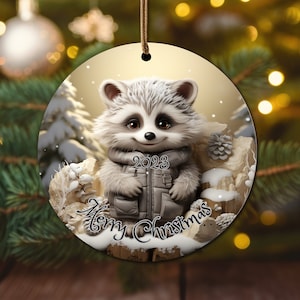 Adorable Personalized Christmas Raccoon Ceramic Ornament 2024 Christmas Gift idea Cute Animal Keepsake Traditional Heirloom