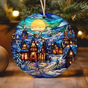 Beautiful Winter Stained Glass Imitation Scenic Image on Ceramic Christmas Ornament 2024 Decoration Keepsake Gift Tree Snow Village
