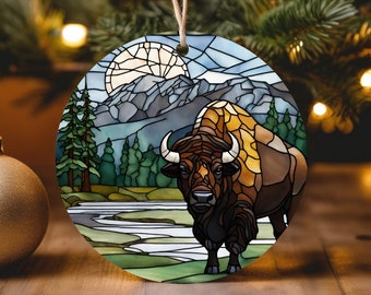 Beautiful Scenic Buffalo Image on Ceramic Merry Christmas Ornament, 2023 Majestic Bison Decoration, Keepsake Christmas Gift Idea Yellowstone