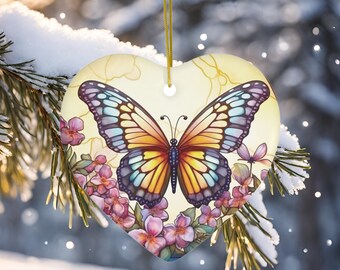 Beautiful Butterfly Gift, Heart Floral Ceramic Ornament Christmas Keepsake Gift, Elegant Traditional Ornament Special Gift for Her, Gift for