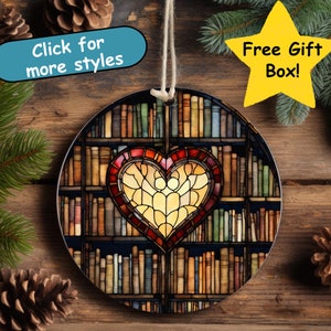 Beautiful Stained Glass Imitation, Unique Book Lover Gift, Librarian Gift, Book Ornament, Ceramic, Christmas Gift Heart Bookshelf Graduation