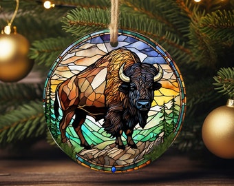 Beautiful Scenic Buffalo Image on Ceramic Merry Christmas Ornament, 2023 Majestic Bison Decoration, Keepsake Christmas Yellowstone Gift Idea