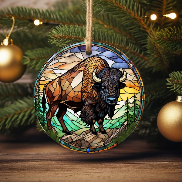 Beautiful Scenic Buffalo Image on Ceramic Merry Christmas Ornament, 2023 Majestic Bison Decoration, Keepsake Christmas Yellowstone Gift Idea