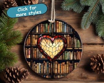 Beautiful Stained Glass Imitation, Unique Book Lover Gift, Librarian Gift, Book Ornament, Ceramic, Christmas Gift Heart Bookshelf Graduation