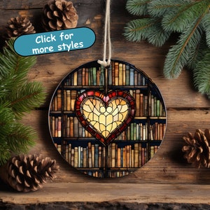 Beautiful Stained Glass Imitation, Unique Book Lover Gift, Librarian Gift, Book Ornament, Ceramic, Christmas Gift Heart Bookshelf Graduation