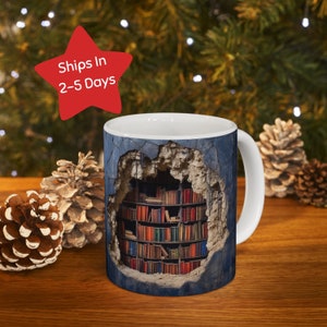 Personalized 3D Effect Books Ceramic Mugs, 11oz Hole Bookshelves, Book lovers, Coffee Mug, Gift for Readers, Bookworm Gift, Librarian