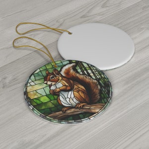 Squirrel Ceramic Ornament, Printed Image of Stained Glass, Christmas Gift idea, Keepsake Traditional Heirloom, Scenic Squirrel Lover Gift image 2