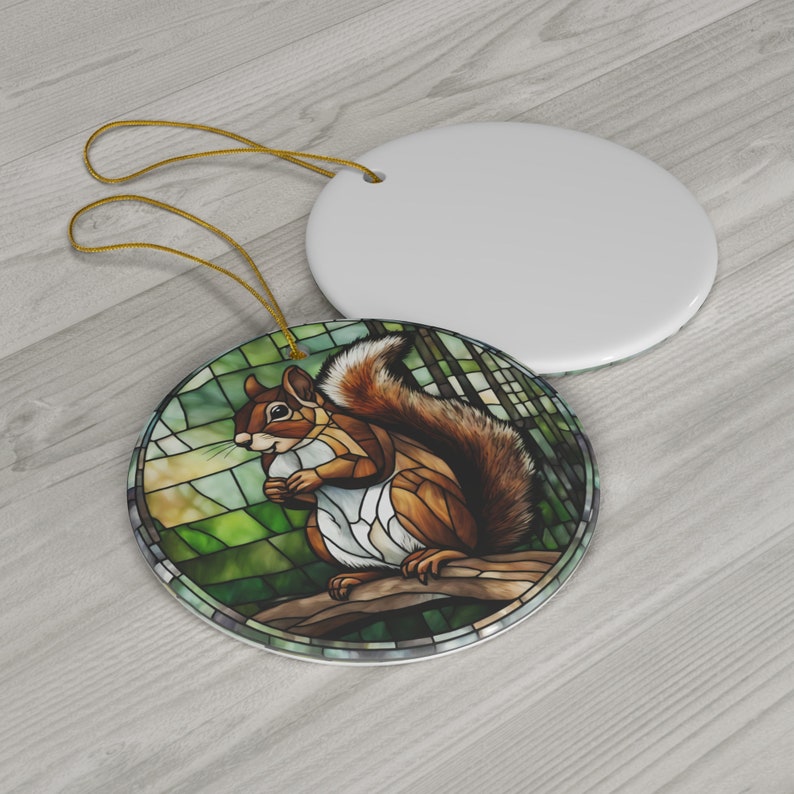 Squirrel Ceramic Ornament, Printed Image of Stained Glass, Christmas Gift idea, Keepsake Traditional Heirloom, Scenic Squirrel Lover Gift image 2