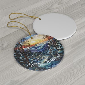 Stained Glass Imitation, Beautiful Scenic Winter Mountains, Image on Ceramic Christmas Ornament 2024, Keepsake Christmas Gift, Traditional, image 4