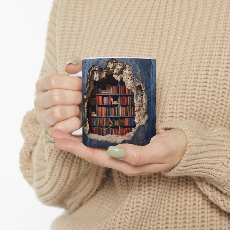 Gepersonaliseerde boeken met 3D-effect boeken keramische mokken, boekenplanken met gaten van 11 oz, boekenliefhebbers, koffiemok, cadeau voor lezers, cadeau boekenwurm, bibliothecaris afbeelding 2