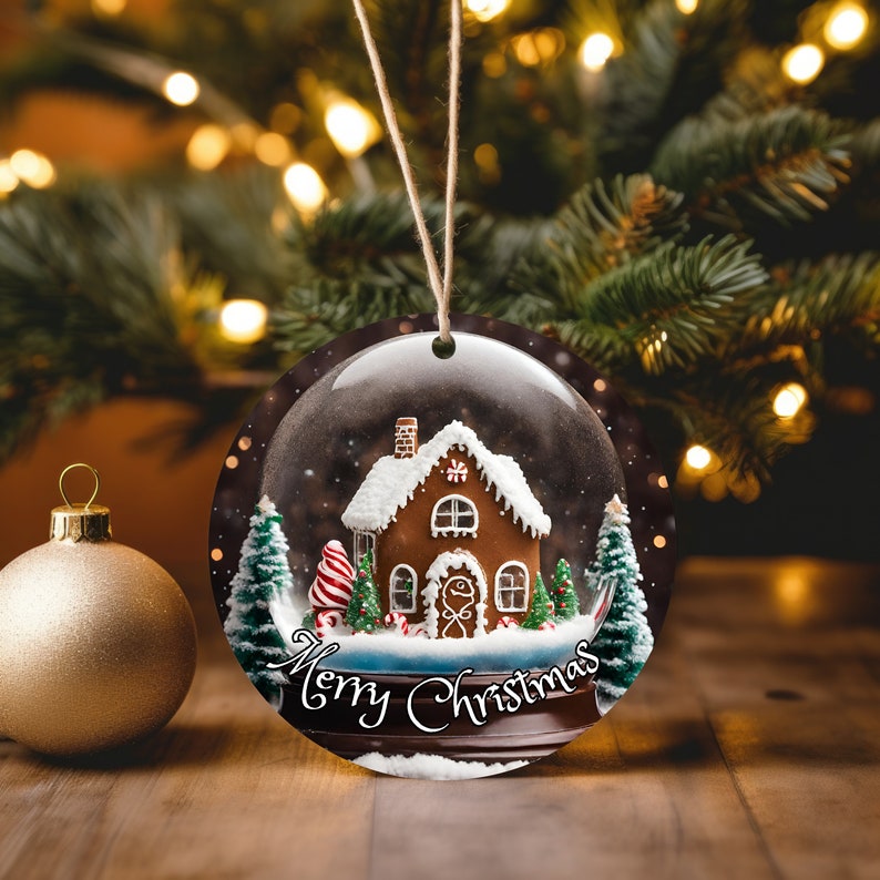 K&ouml;nnte beinhalten: Runder Weihnachtsschmuck mit einer Lebkuchenhaus-Szene mit Schnee, B&auml;umen und dem Schriftzug "Merry Christmas". Der Schmuck hat eine klare, gew&ouml;lbte Vorderseite und eine Schnur zum Aufh&auml;ngen. Links ist eine goldene Kugel zu sehen.
