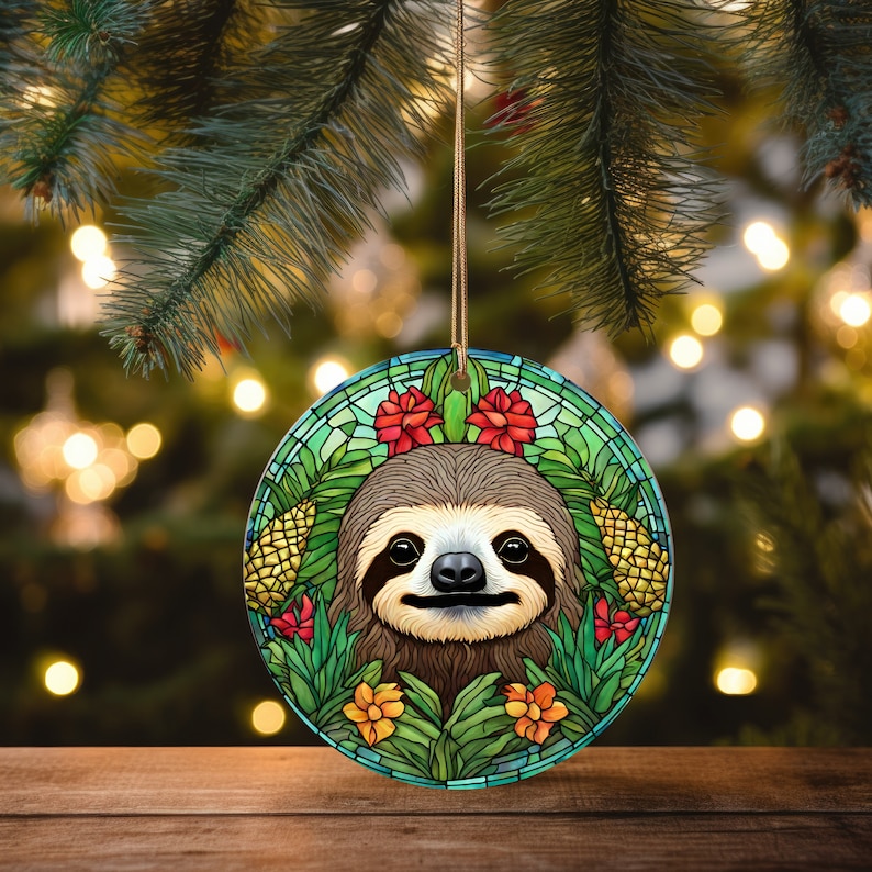 May include: A round Christmas ornament featuring a stained glass style illustration of a sloth with green leaves, red flowers, and yellow pineapples.