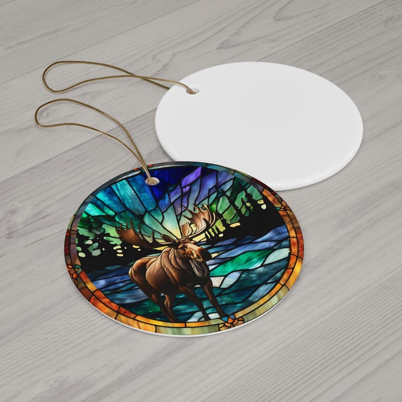 Schöner Elch mit Nordlicht-szenischem Bild auf Weihnachtsverzierung Einzigartiges Faux-Buntglas 2024 Andenken-Weihnachtsgeschenkidee-Andenken Bild 6