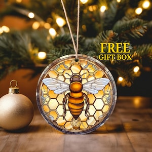 Imitatie glas-in-lood, kerstbij, honingraat, keramisch ornament 2024, kerstaandenken, kerstcadeau, elegant traditioneel ornament