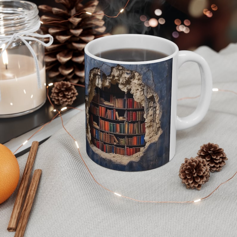 Gepersonaliseerde boeken met 3D-effect boeken keramische mokken, boekenplanken met gaten van 11 oz, boekenliefhebbers, koffiemok, cadeau voor lezers, cadeau boekenwurm, bibliothecaris afbeelding 5
